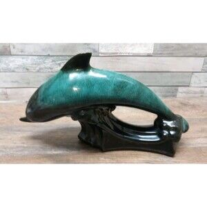 Blue Mountain Pottery Dolphin Large 13 Inches Green Red Clay Drip Glaze